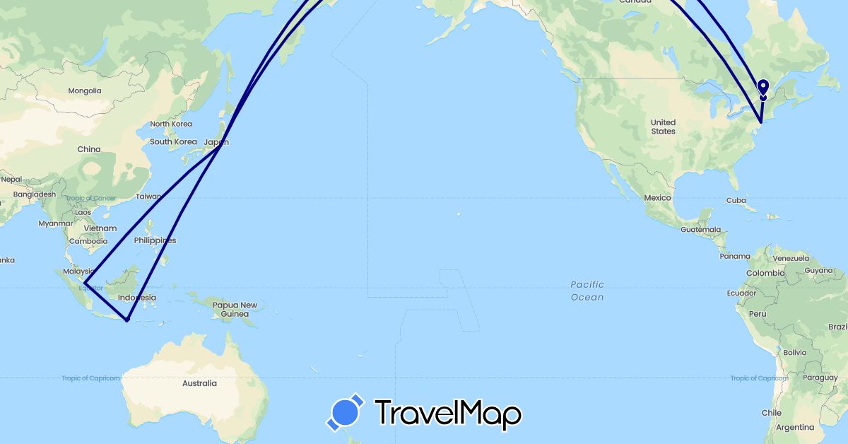 TravelMap itinerary: driving in Canada, Indonesia, Japan, Singapore, United States (Asia, North America)